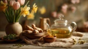 Ájurvédské bylinky proti senné rýmě, kurkuma a zázvor na lněném ubruse s jarními tulipány a narcisy