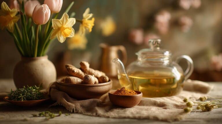 Ájurvédské bylinky proti senné rýmě, kurkuma a zázvor na lněném ubruse s jarními tulipány a narcisy