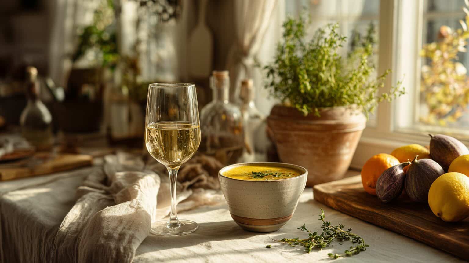 Sklenka bílého vína a bylinky na kuchyňském stole v teplém ranním světle
