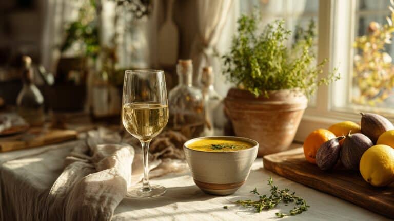 Sklenka bílého vína a bylinky na kuchyňském stole v teplém ranním světle