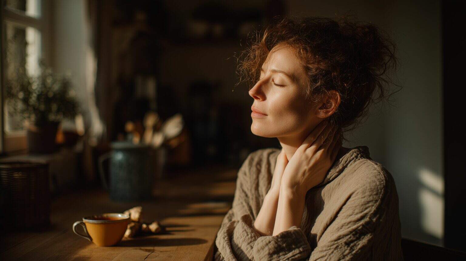 Žena si v klidném domácím prostředí drží oblast krku u šálku bylinného čaje s ájurvédskými kořeními