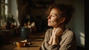 Žena si v klidném domácím prostředí drží oblast krku u šálku bylinného čaje s ájurvédskými kořeními