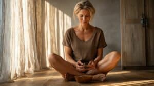 Žena provádějící ájurvédskou olejovou masáž rukou při ranním rituálu