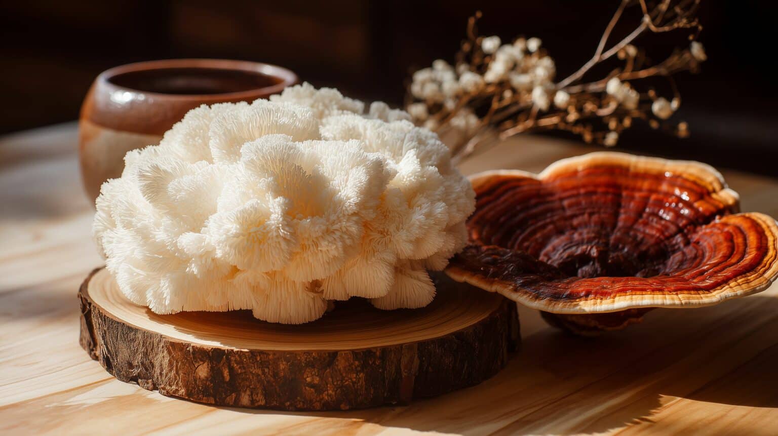 Čerstvé medicinální houby lví hříva a reishi na dřevěné podložce s mísou extraktu