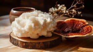 Čerstvé medicinální houby lví hříva a reishi na dřevěné podložce s mísou extraktu